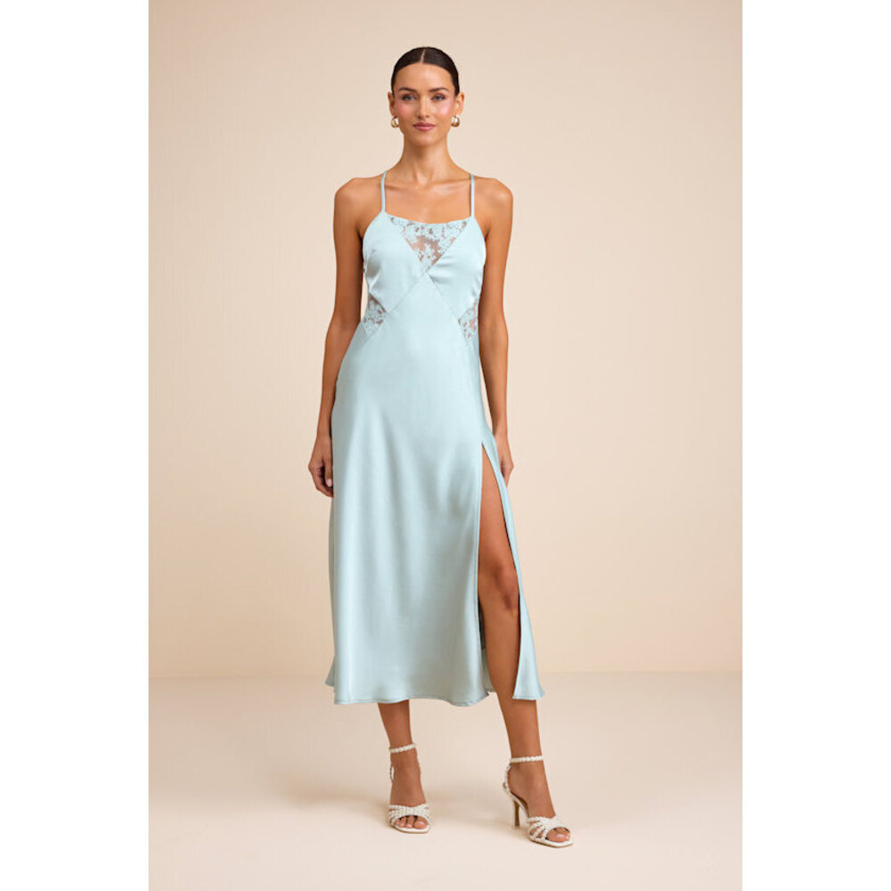 Lulus Luetta Pale Blue Satin Lace Slip Midi Dress - Size M